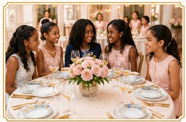 Students practicing dining etiquette around a decorated table
